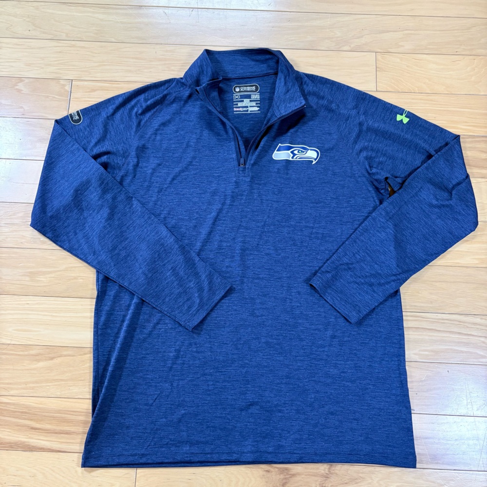Under Armour NFL Combine Seattle Seahawks 1/4 Zip Mens Sz M Blue Loose Heat Gear - Picture 3 of 6